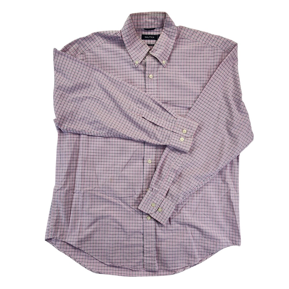 Nautica Mens L Pink Plaid Sanded Poplin Button Down Shirt Preppy Coastal Classic